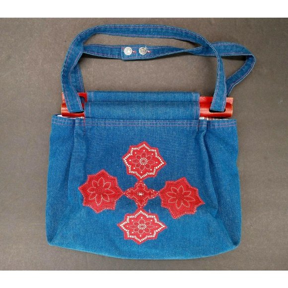Handmade Handbags - Denim Purse 1970s Blue Jean Handmade Vintage Reversible Wood Handle Red Bandana
